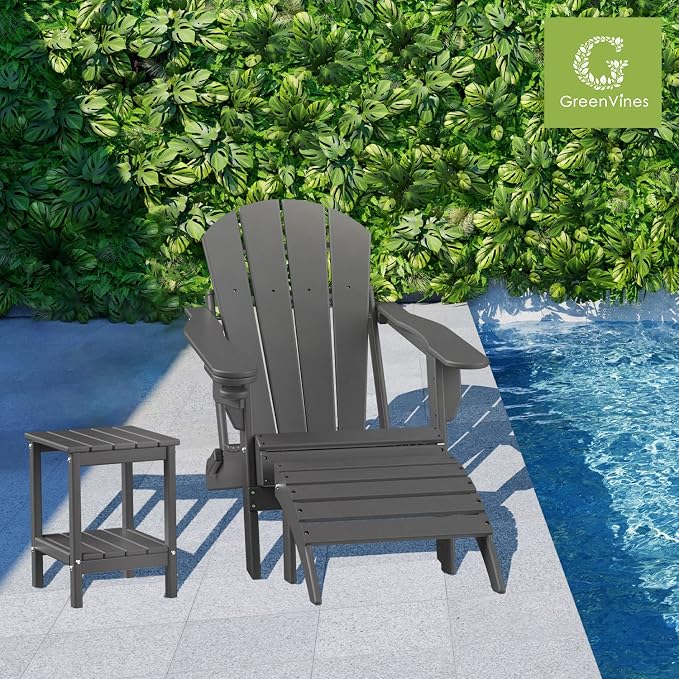 GREENVINES Adirondack-Outdoor-Side-Table | Set of 2 | 14 x 13 Inches | HDPE Plastic | All Weather | Grey | Outside End Tables | Storage Shelf | for Patio Porch Backyard Indoor