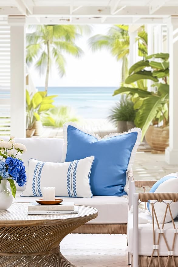 Hofdeco Premium Coastal Hampton Patio Indoor Outdoor Throw Pillow Cover Only, 22"x22" Water Repellent for Backyard, Couch, Poolside, Azure Blue Print Solid
