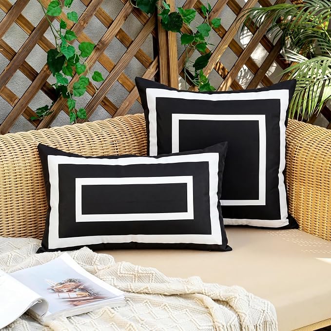 Pyonic Outdoor Waterproof Throw Pillow Covers 18 X 18 Inches Black and White Geometric Modern Pillow Covers for Patio Garden Porch Set of 2