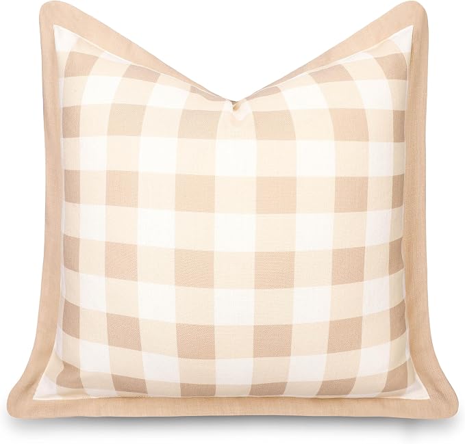 Modern Farmhouse California Casual Indoor Outdoor Throw Pillow Cover, 22"x22" Water Repellent for Patio, Backyard, Couch, Poolside, Ivory Cream Tan Print Gingham