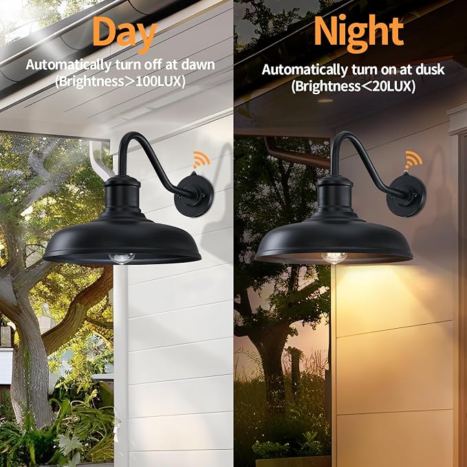 13.8'' Diameter Large Dusk to Dawn Outdoor Gooseneck Barn Light, 2 Packs | Outdoor Wall Sconce Farmhouse Exterior Lighting Fixture Industrial Outside Lantern for Porch, Patio, Garage, Black