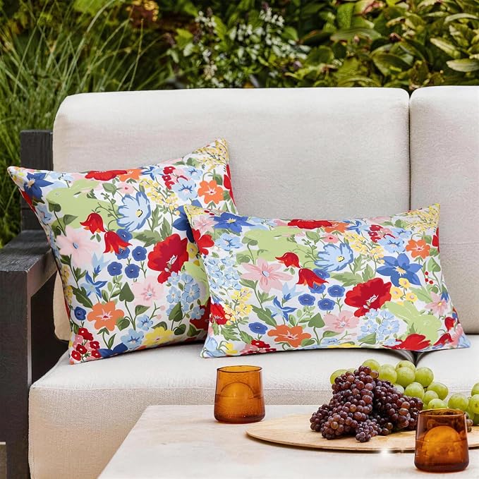 Adabana Outdoor Waterproof Floral Pillow Covers 12x20 Inch | Colorful Outdoor Pillow Covers Summer Decirative for Patio Furniture Porch Garden Pillows