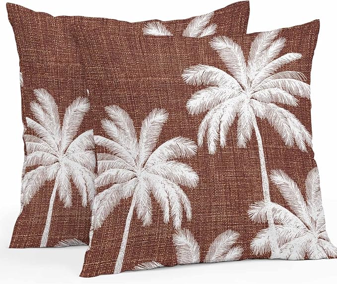 Outdoor Pillow Covers 20x20 Inch Set of 2, Brown Palm Trees Waterproof Throw Pillow Covers, Farmhouse Tropical Summer Beach Decorative Cushion Pillowcases for Couch, Sofa, Bed, Garden, Patio