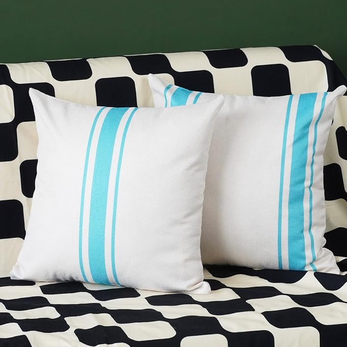 ONWAY Outdoor Pillow Covers Waterproof 16x16 Set of 2 Decorative Linen Throw Pillow Cover Beige and Blue Striped Outdoor Pillows for Patio Furniture