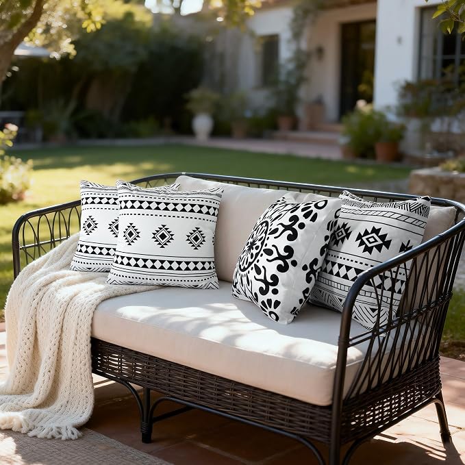 Black White Outdoor Waterproof Pillow Covers 18x18 Inch Set of 2 | Morocco Tile Geometric Decorative Throw Pillow Cover, Boho Outdoor Cushion Cases for Patio Funiture Garden Couch Bench