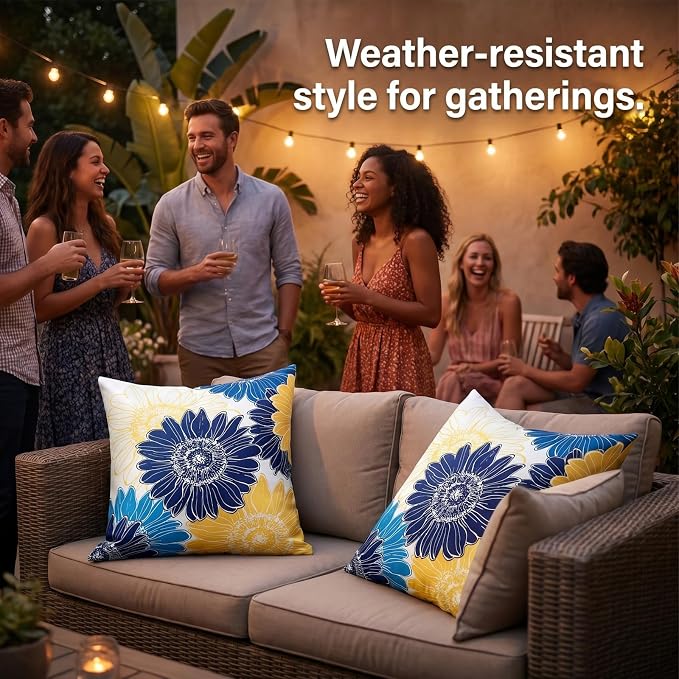 Decorative Floral Throw Pillow Covers Outdoor Waterproof Blue Yellow Sunflower Pillow Covers 16x16 Set of 2 Square Summer Garden Cushion Throw Pillowcase for Patio Furniture Garden Tent Balcony Bench