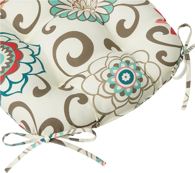 Pillow Perfect Bright Floral Indoor/Outdoor Tufted Wicker Seat Cushion With Ties, 2 Count, 17" x 17.5", Blue/Brown Pom Pom Play