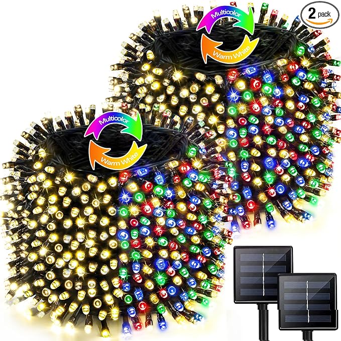 Solar Christmas lights Outdoor 2 Pack 480 LED Warm White to Multicolor | 170FT, 8 Lighting Modes, Memory Function, Auto On/Off, Waterproof Twinkle Lights for Outside Roof Porch Patios Balcony Decor