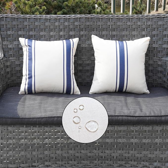 ONWAY Outdoor Pillow Covers Waterproof 16x16 Set of 2 Decorative Linen Throw Pillow Cover Beige and Navy Blue Striped Outdoor Pillows for Patio Furniture