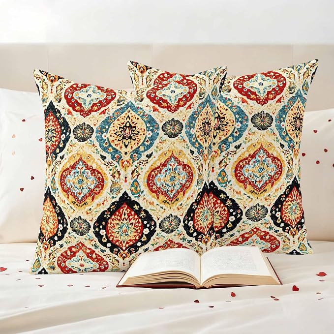 Bohemian Floral Outdoor Pillow Covers 20"x20" Set of 2, Abstract Moroccan Ethic Tribal Colored Floral Waterproof Throw Pillow Covers for Patio Furniture, Decorative Cushion Covers for Porch