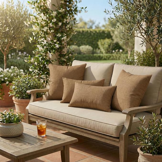 RSH DECOR: Outdura Lumbar & Square Pillows Set of 4 | 20" x 12" & 20" x 20" | Water and Fade-Resistant Performance Fabric | Outdoor Throw Pillows for Patio Furniture | Made in USA (Canvas Sepia)