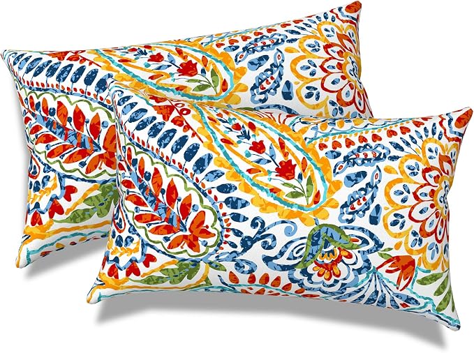 Outdoor Lumbar Pillows, Water Repellent Cushion Pillows 12x20 Inch, Outdoor Pillows with Inserts for Home Garden, Pack of 2, Paisley Multi