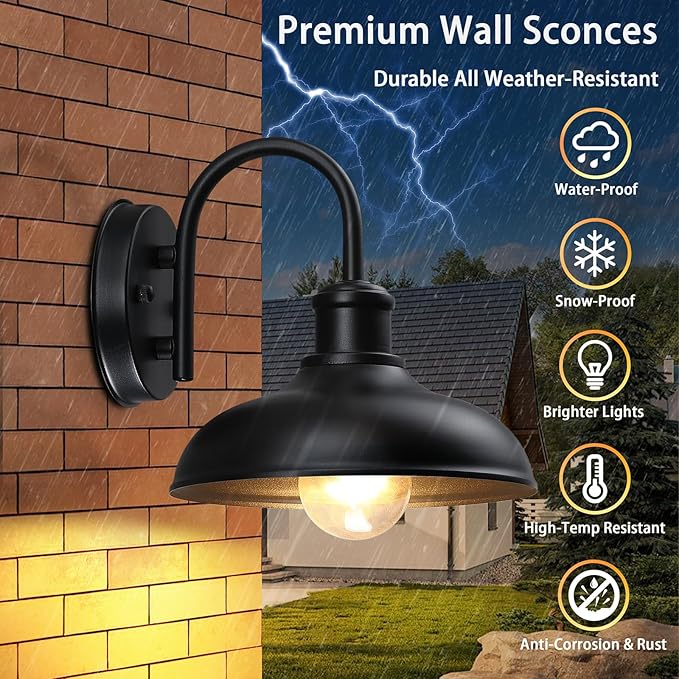 Gooseneck Outdoor Light Fixtures, Farmhouse Barn Lights for Porch, Black | Industrial Black Exterior Wall Sconce for Garage, E26 Base Anti-Rust for Garage Frontdoor Entryway Doorway (No Sensor)