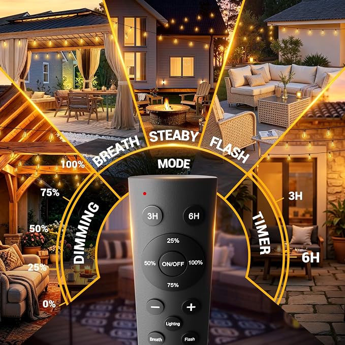 150FT Outdoor String Lights with Remote, Waterproof Patio Lights with 55+2 Shatterproof LED Bulbs,Dimmable Hanging Decor for Backyard Garden Porch Bistro, Timer & 3 Modes,2700K Warm White
