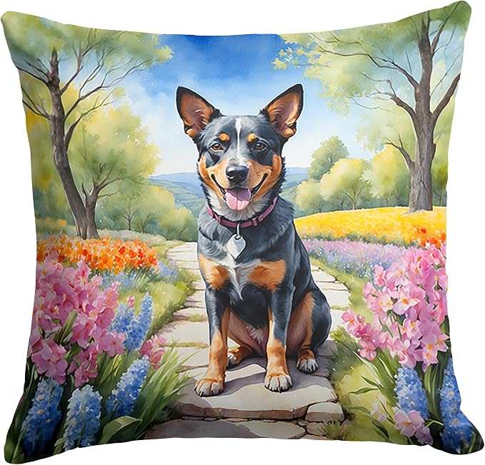 Caroline's Treasures Australian Cattle Dog Spring Garden Throw Pillow Machine Washable, Indoor Outdoor Decorative Pillow for Couch, Bed or Patio, 14Hx14W