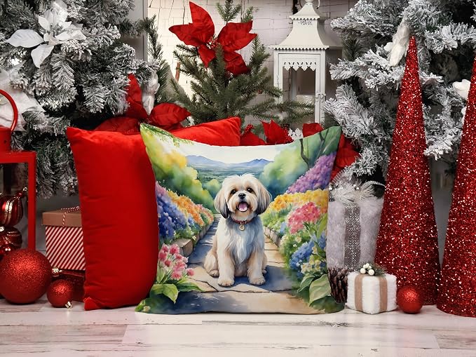 Caroline's Treasures Lhasa Apso Spring Path Throw Pillow Machine Washable, Indoor Outdoor Decorative Pillow for Couch, Bed or Patio, 14Hx14W
