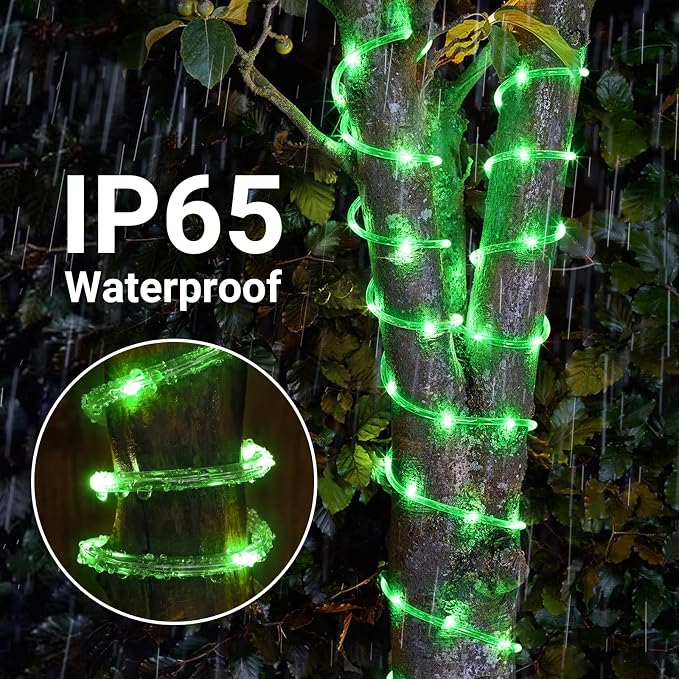 Jnaurb Solar Rope Lights, 66ft 200LED Solar String Lights, 8 Modes Waterproof Solar Outdoor Light, Flexible Clear Trampoline Light for Garden Backyard Patio Deck Porch Pool Tree Decor - Green