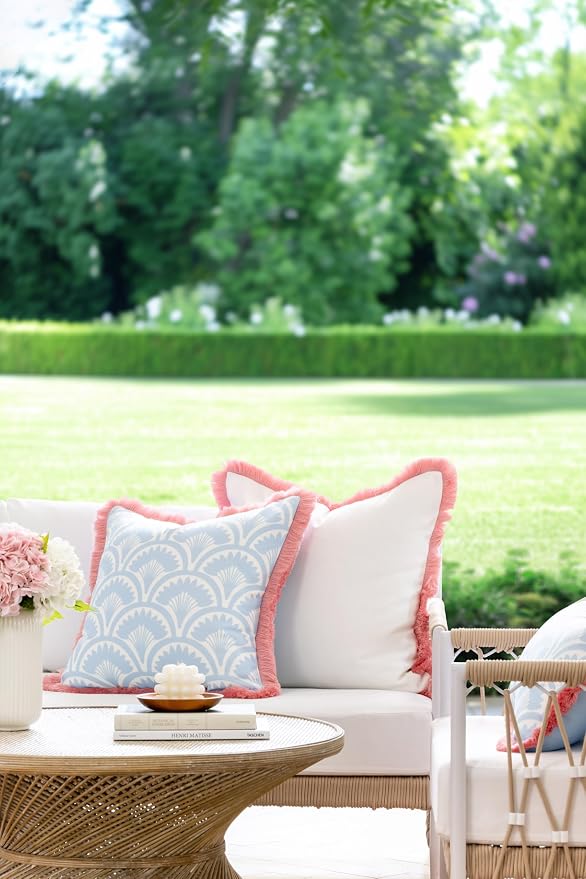 Hofdeco Premium Coastal Grandmillennial Patio Indoor Outdoor Throw Pillow Cover Only, 20"x20" Water Repellent for Backyard, Couch, Poolside, Baby Blue Pink Print Tropical Ravenala Palm Tree