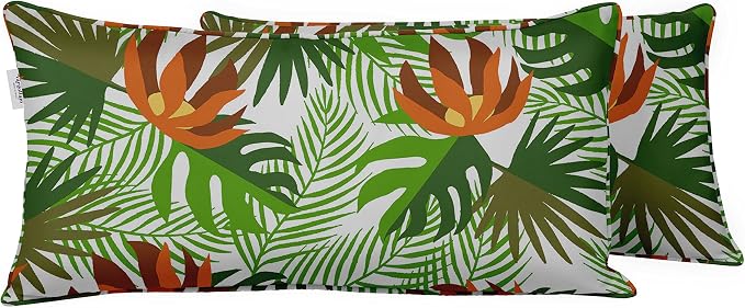 Indoor/Outdoor Polyester Fabric Lumbar Pillow Cover, All-Weather Waterproof Rectangular Cushion Case for Patio Furniture, 12 x 24 Set of 2 - Tropical-31