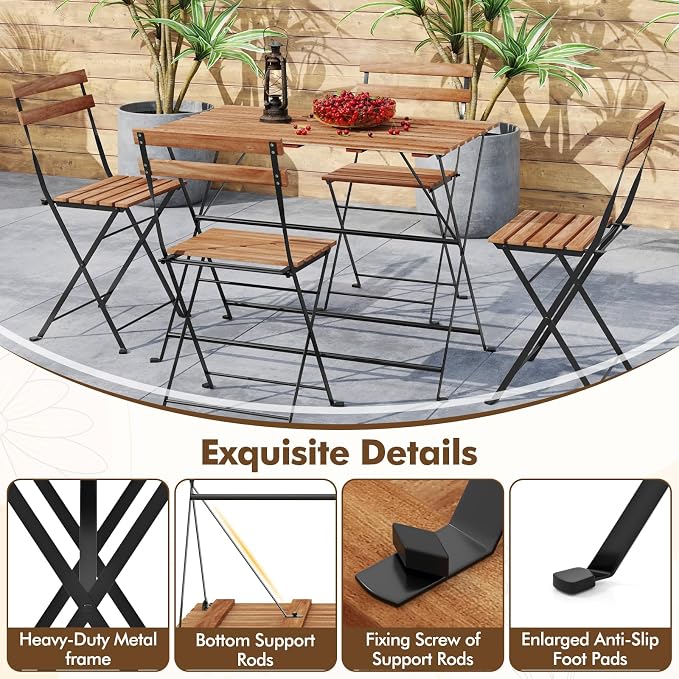 Giantex 5-Piece Outdoor Dining Table Set for 4, Acacia Wood Bistro Table with 4 Folding Patio Chairs, Slatted Seat & Tabletop, Metal Frame, for Yard Porch Garden Poolside (Black + Brown)
