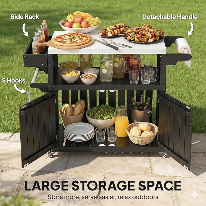 Outsunny Outdoor Bar Cart with Storage Cabinet, Stainless Steel Top Kitchen Island on Wheels, HDPE Outdoor Bar Table, Movable Patio Beverage Food Prep Table for BBQ Picnic, Black