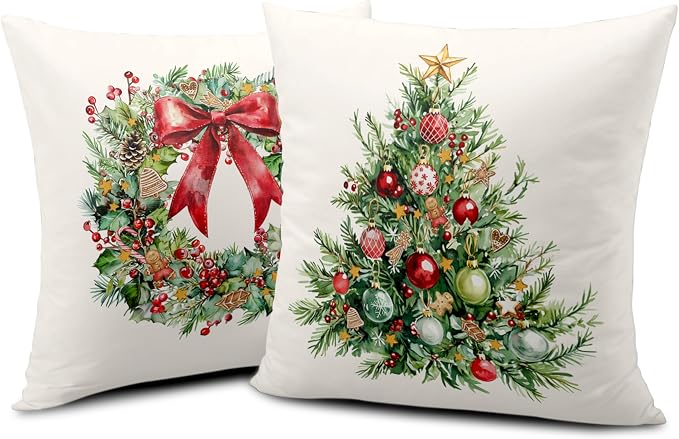 Set of 2 Christmas Tree Pillow Covers Xmas Wreath Throw Pillow Covers Red and Green Decorative Pillow Case 20x20 Winter Holiday Cushion Case for Home Decor Couch Sofa