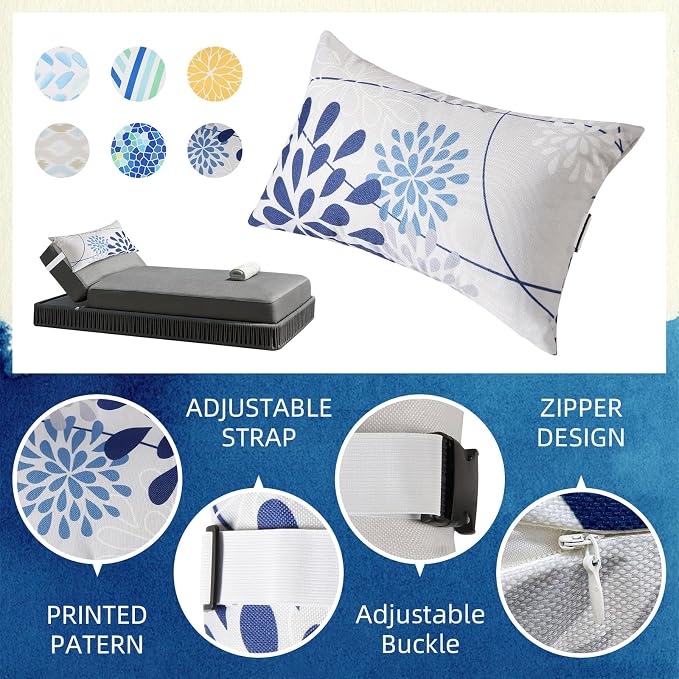 Chaise Head Rest Pillows Set of 2, Waterproof Outdoor Lounge Pillow Lumbar Pillows with Insert Adjustable Elastic Strap Decorative Pillows for Patio Beach Pool Chair, Dark Blue Gray