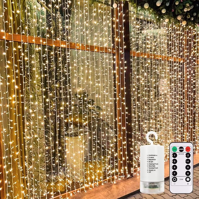 echosari 9.8ft×9.8ft Curtain Lights Battery Operated with Remote Warm White | 300 LED Hanging Light Timer Fairy Curtain Lights for Bedroom Patio Wedding Backdrop Party Decór