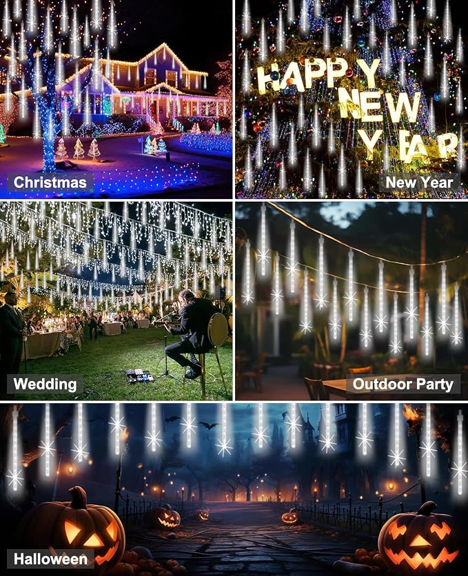 Christmas Rain Lights Outdoor 16 Inch 20 Tubes,Shine White | Waterproof Meteor Shower Falling Icicle String Lighting for Xmas Tree Yard House Decor Thanksgiving New Year Holiday Decor