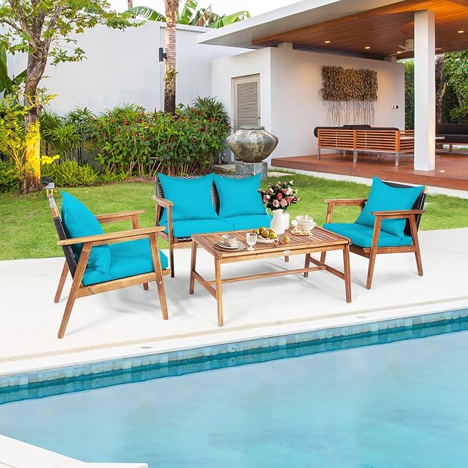 HAPPYGRILL 4-Piece Outdoor Rattan Sofa Set Acacia Wood Frame Conversation Set with Coffee Table, Sectional Furniture Set with Cushions for Backyard Porch Garden Poolside Balcony