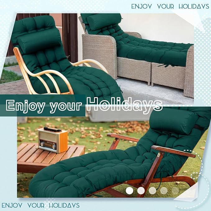 Tudomro Outdoor Chaise Lounge Cushion 66x21x4'' Waterproof & Fade-Resistant Patio Pool Chaise Lounge Cushion Headrest Pillow Tie Replacement Rocking High Back Chair(Hunter Green,1 Pcs)