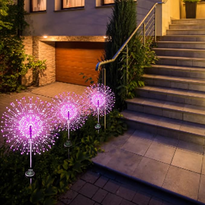 Solar Firework Lights, 2 Pack 120 LEDs 2 Lighting Modes Solar Garden Lights Outdoor Waterproof for Yard Patio Walkway Pathway Party Wedding Christmas Decorative - Pink