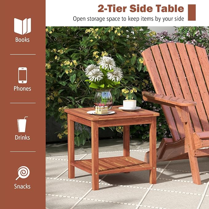 HAPPYGRILL Wood Outdoor Side Table Set of 2, Patio Square End Table, Sturdy Acacia Wood Coffee Table for Porch, Poolside, Backyard, Garden, Balcony, Living Room
