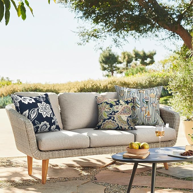 Outdoor Throw Pillows 16x16 Inch, Water Repellent Patio Pillows with Inners Set of 2 for Patio Furniture Home Graden, Paisley Sapphire Blue