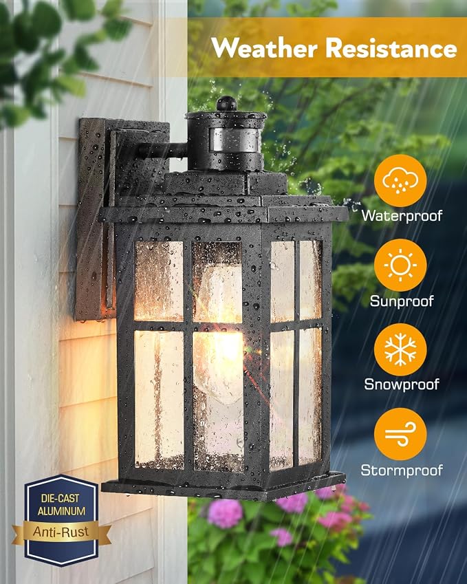 VIANIS Motion Sensor Outdoor Light Fixtures Wall Mount, Black Porch Lights Outdoor Lantern, Anti-Rust Waterproof Exterior Lights for House, Modern Outdoor Wall Sconce for Garage, Front Door, Coach