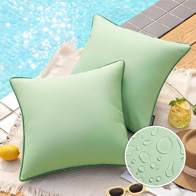 Phantoscope Pack of 2 Outdoor Waterproof Throw Pillow Covers with Contrast Piping, Decorative Square Cushion Case Patio Pillows for Couch Tent, Sage Green 20x20 inches