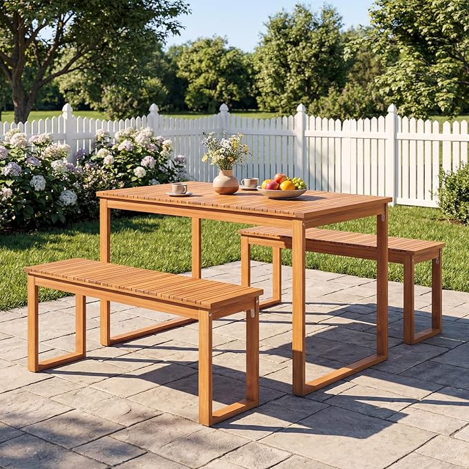HAPPYGRILL 3 Pieces Acacia Wood Patio Dining Set, Outdoor Table with 2 Benches for 4 People, Wooden Dining Furniture Set for Yard, Garden, Porch