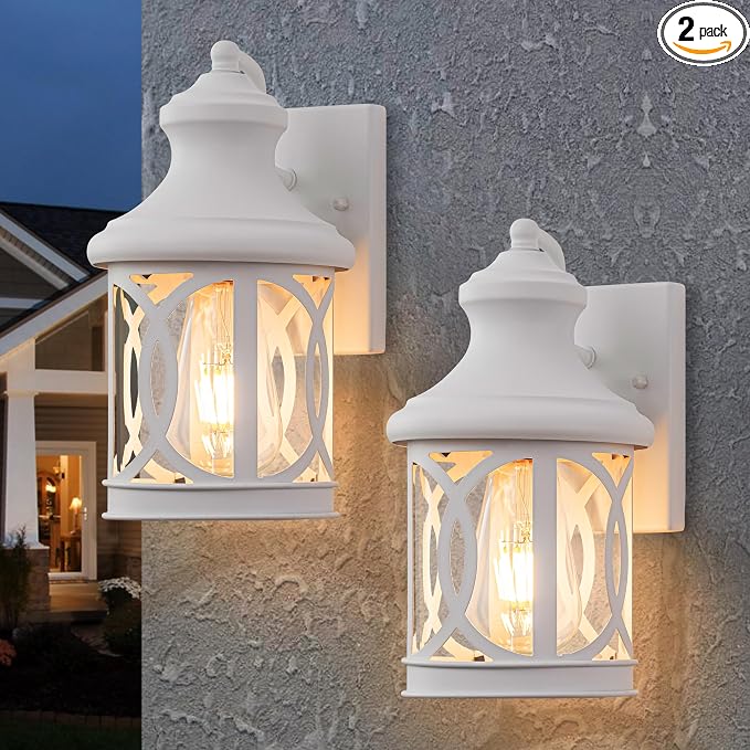 2-Pack Outdoor Wall Lights, Porch Lights, Waterproof Outdoor Wall Sconce, Exterior Light Fixture White with Clear Glass Shade for Garage Patio Front Door Balcony