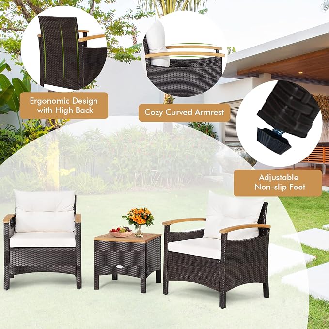 HAPPYGRILL 3-Piece Patio Furniture Set Outdoor PE Rattan Bistro Set with Coffee Table, Soft Seat Cushions & Throw Pillows, Acacia Wood Conversation Set for Patio Courtyard Poolside