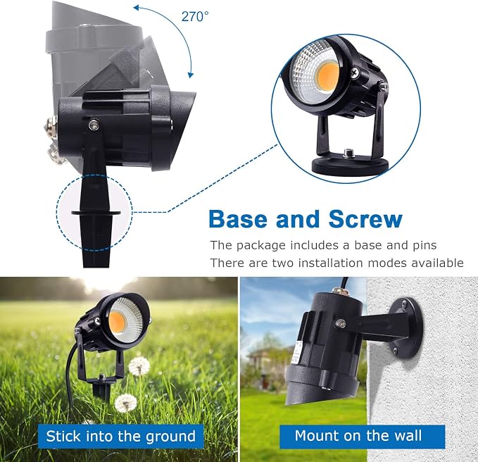 SUNVIE 120V Spot Lights Outdoor LED Landscape Lighting 12W AC Spotlights for Yard Waterproof Landscape Spotlight with Spiked Stake for Tree Garden Pathway Warm White Flag Lights US 3-Plug in, 4 Pack