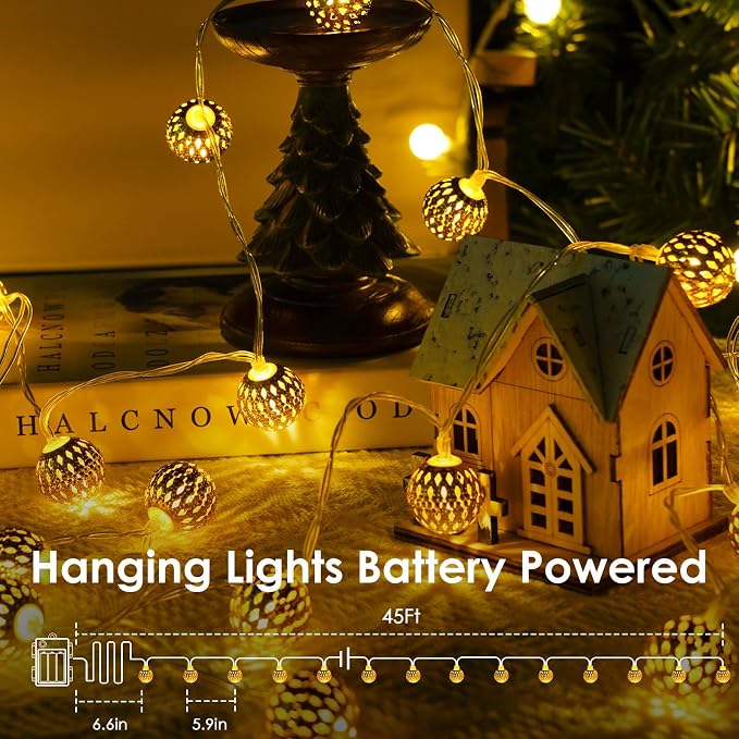 Moroccan String Lights Battery Operated 60 LED 36 FT Globe Fairy Lights | Warm White String Light for Bedroom, 8 Lighting Modes & Timer, for Party Wedding Garden Christmas Indoor Decor