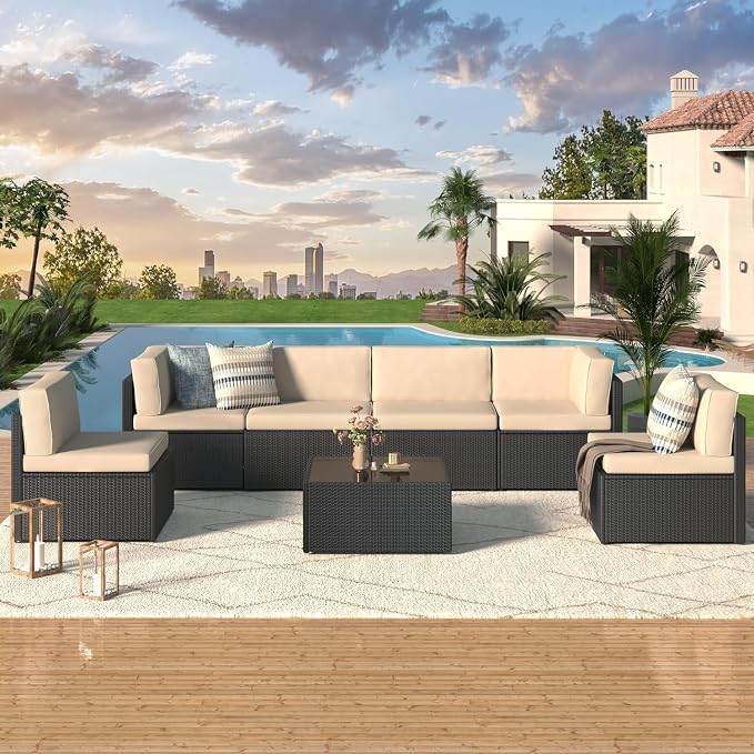 7 Piece Outdoor Patio Furniture Set with Cushions, PE Rattan Wicker Sectional Furniture Chair Set with Tea Table, Modular Patio Sofa for Garden, Backyard, Balcony Outdoor Lounge Area(Beige)