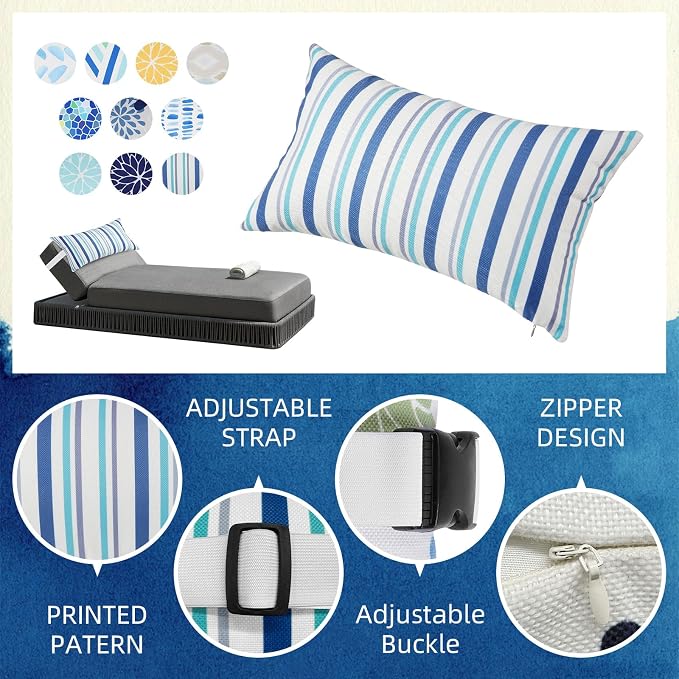 Chaise Head Rest Pillows Set of 2, Outdoor Lounge Pillow Lumbar Pillows with Insert and Adjustable Elastic Strap Decorative Pillows for Patio Beach Pool Chair, Blue White Stripe