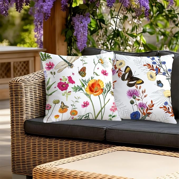 NIGHTWISH Outdoor Waterproof Pillow Covers 16x16 Set of 4 Spring Summer Floral Decorative Outdoor Throw Pillows Farmhouse Cushion Cases for Patio Furniture Bench Couch Sunbrella
