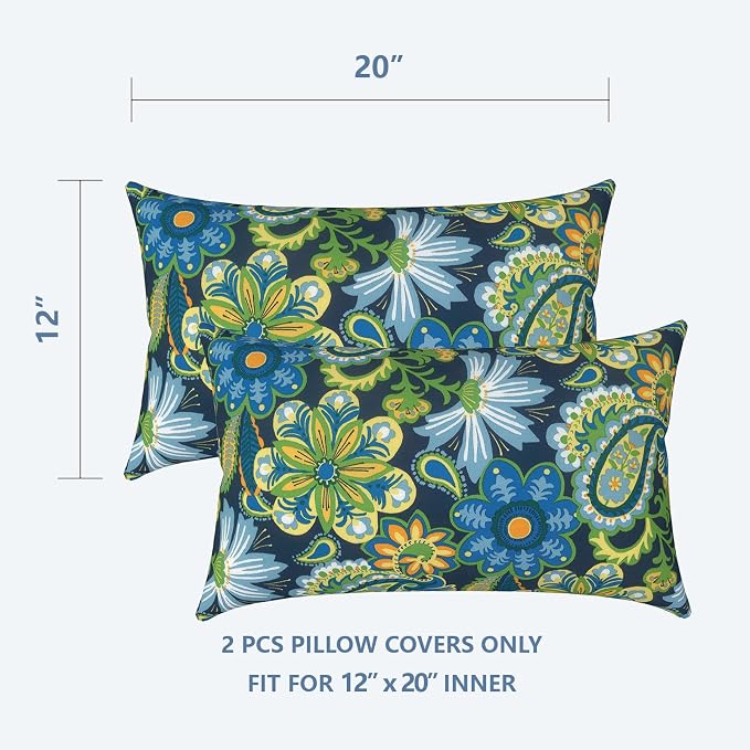 LVTXIII Outdoor Lumbar Pillow Covers Only Set of 2 Patio Decorative Pillow Cases, Water Repellent Lumbar Cushion Cases for Sofa, Patio Couch Garden Use, 12x20 Inch, Flower Child