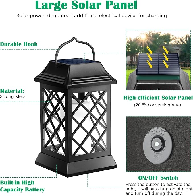 TomCare Flickering Flame Solar Lights Outdoor Metal Hanging Lantern, 2 Pack | Realistic Flame Effect, Charges in 6-8 Hours, 10-12-Hour Runtime, IP65 Waterproof, Auto On/Off for Patio, Garden and Porch