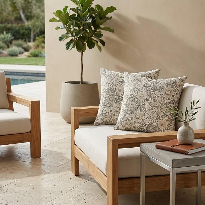 RSH DECOR: Outdura Square Throw Pillows Set of 2 | 24" x 24" | Water and Fade-Resistant Performance Fabric | Outdoor Pillow Covers with Down-Alternative Inserts | Made in USA (Marrakech Espresso)