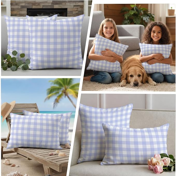 Light Purple Checks Outdoor Pillow Covers 18"x18" Set of 2, Gingham Plaid Abstract Modern Minimalist Waterproof Throw Pillow Covers for Patio Furniture, Decorative Cushion Covers for Porch