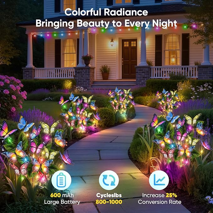 Solar Lights Outdoor Garden Decor: 6 Pack 102 Silk Butterflies with 132 Color-Changing LEDs - Auto On/Off 12H Magical Lighting IP65 Waterproof for Yard Patio Pathway - Unique Gifts for Mom Grandma