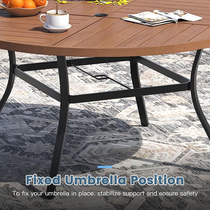 DIFY 11 Piece Outdoor Dining Set, 63" Walnut Round Metal Dining Table and Brown Textilene Stackable Patio Chairs, Patio Table and Chairs Set for 10 with Umbrella Hole for Backyard Garden Deck